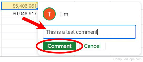 Enter comment in Google Sheets