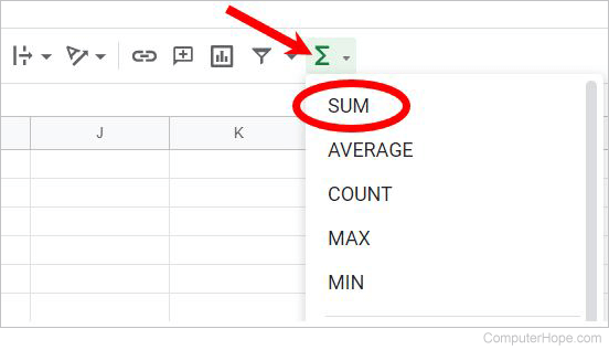 Functions option, SUM formula in Google Sheets
