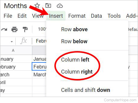 Insert column in Google Sheets