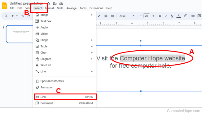 Insert link option in Google Slides menu.