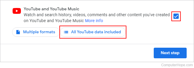 Memilih data YouTube untuk diunduh dari Google Takeout.
