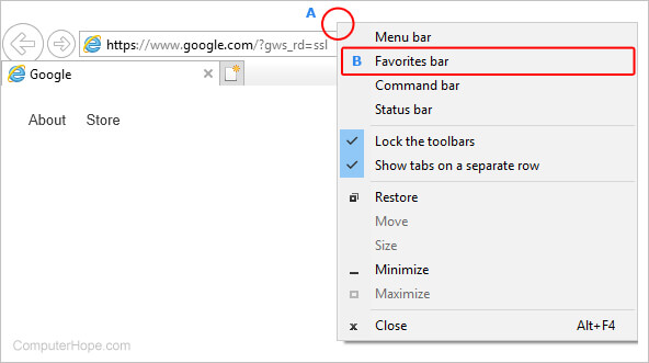 Menu to toggle the Favorites bar on and off in Internet Explorer.
