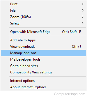 Manage add-ons selector in Internet Explorer.