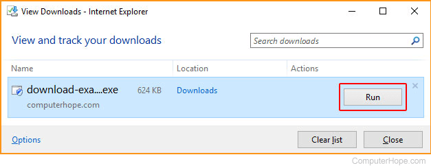 Run button on a download in Internet Explorer.