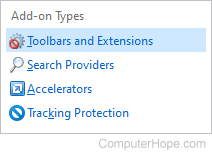 Toolbars and extensions selector in Internet Explorer.