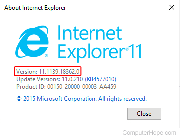 About Internet Explorer, displaying the version of Internet Explorer currently installed.