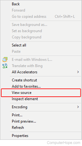 View source selector in Internet Explorer.