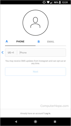 Screen where users sign up for Instagram on a mobile device.