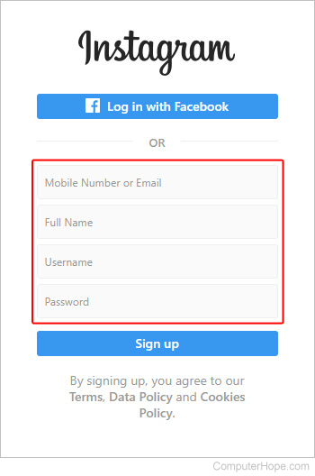 Fields where users enter information to sign up for Instagram.