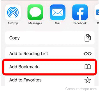 Option used to bring up the add bookmark screen in iOS.