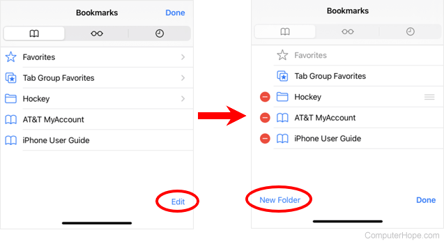 Edit bookmark Safari dan opsi Folder Baru.