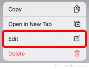 Edit bookmark option on an iOS device