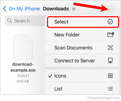 Option to select multiple files in iPhone Files app.