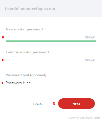 Master password setup