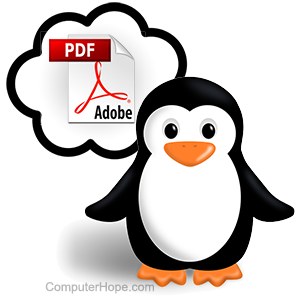 Illustration: Pinguin Tux, Linux-Maskottchen, liest eine PDF-Datei.