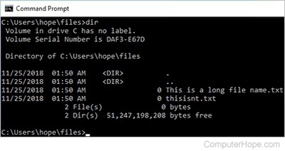 Long file name, and a short file name, listed in the Windows command prompt with the dir command.