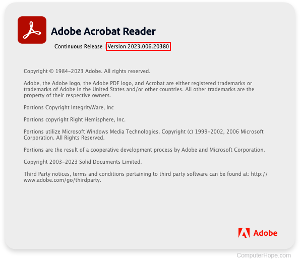 Adobe Acrobat Reader help screen showing the version.