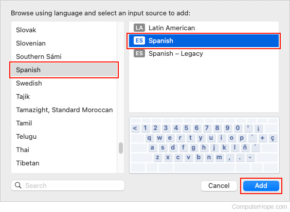 Choosing a keyboard language and input source in macOS.