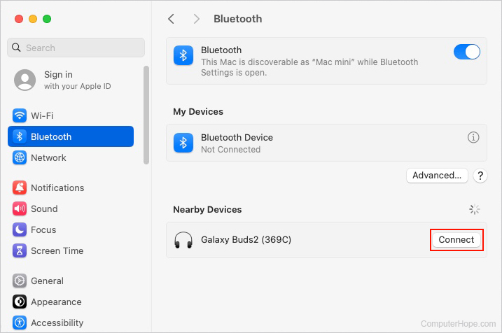 Connecting a Bluetooth device in macOS.