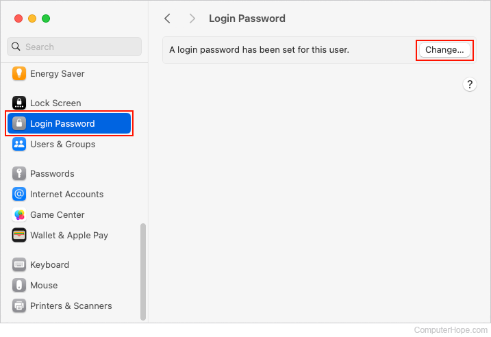 Changing the login password in macOS.