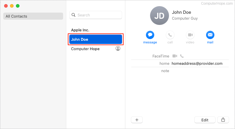 Selecting a contact in macOS.