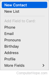 New Contact selector in macOS.