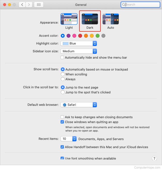 Choosing Dark Mode in macOS.