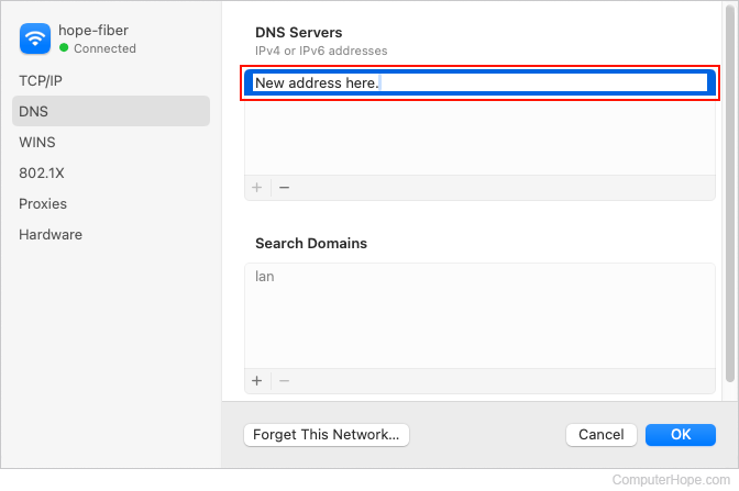 Adding a DNS server address in macOS.