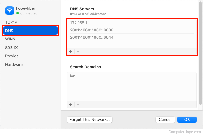 Viewing list of DNS servers in macOS.