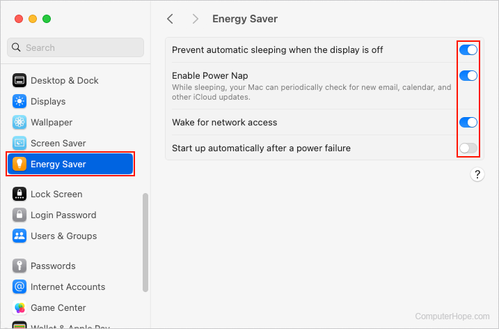 Adjusting power, standby, and sleep settings in macOS.
