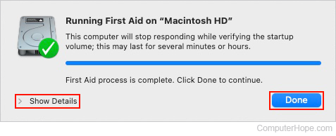 Finished First Aid scan in macOS.