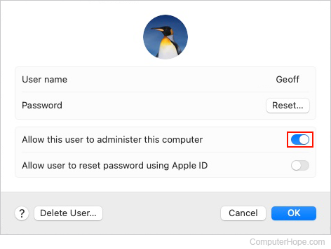 Giving a user administrative privileges in macOS.