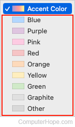 Available highlight colors on Apple macOS.