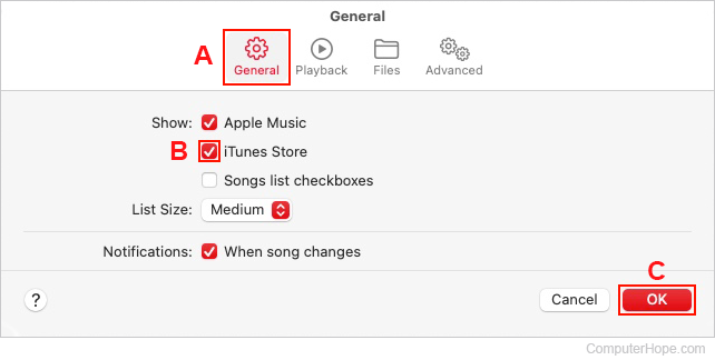 Enabling the iTunes Store selector in Apple Music.