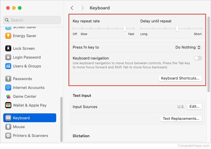 Basic keyboard setting adjustments in macOS.