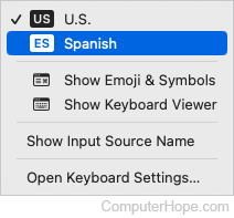Selecting a different keyboard language in macOS.
