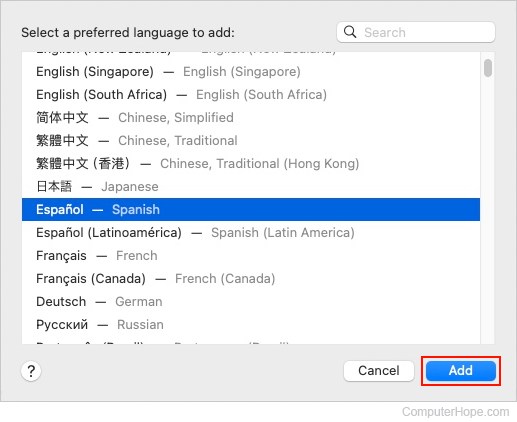 Selecting a language to add in macOS.
