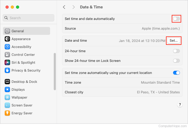 Setting the time and date manually in macOS.
