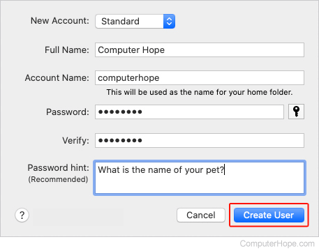 New account form in macOS.