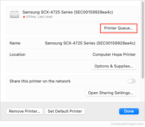 Printer Queue button on macOS.