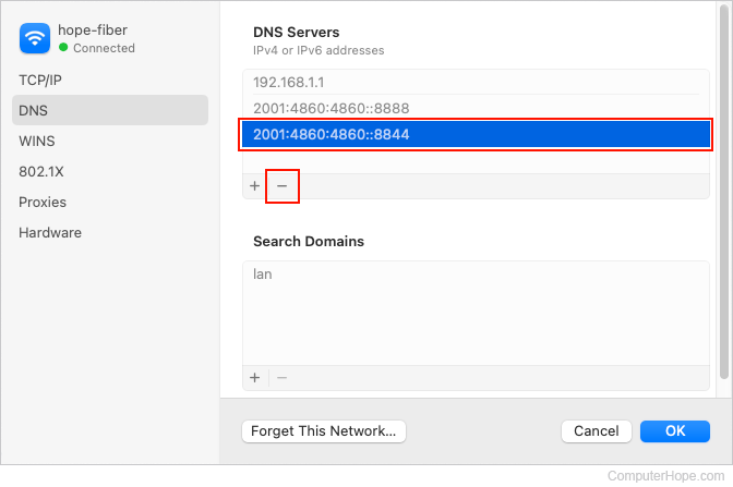 Removing a DNS entry in macOS.
