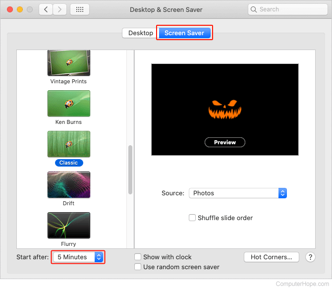 Screen saver menu in macOS.