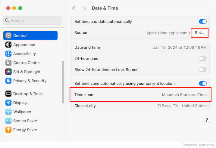 Setting the time and date automatically in macOS.