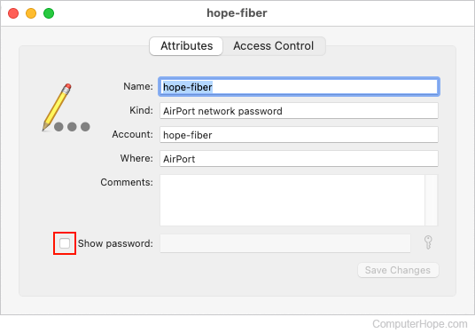 Checking the Show password box in macOS.