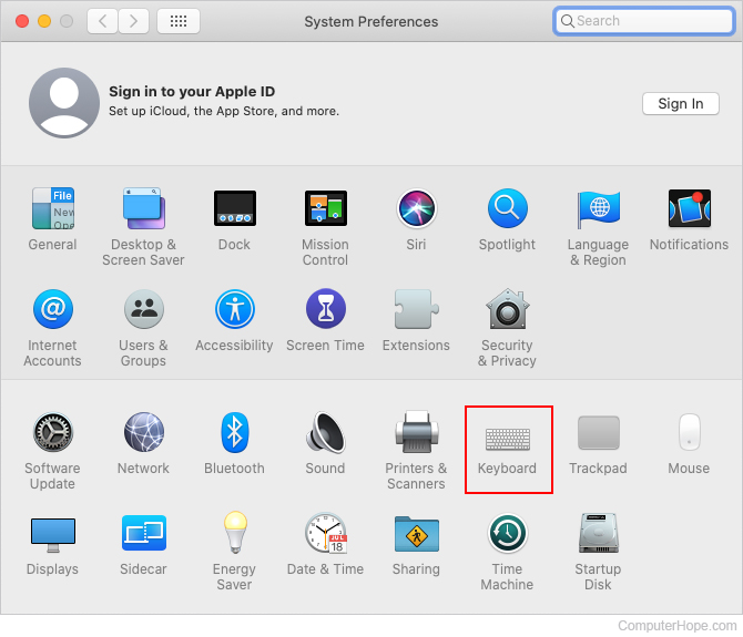 Keyboard selected in Apple System Preferences.