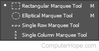 Adobe Photoshop marquee options with rectangular, elliptical, and row tools.