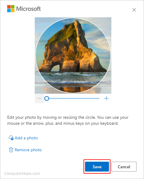 Saving a new profile photo on a Microsoft Account.