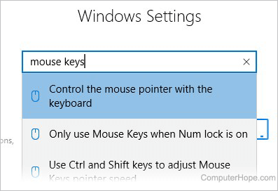 Type the words mouse keys in the Settings text box, then press the down arrow and Enter to accept the top suggestion.