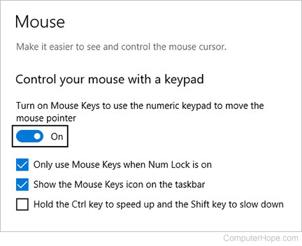 When Mouse Keys is toggled on, additional options are available.