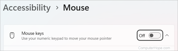 Mouse Keys toggled off in Accessibility Mouse settings for Windows 11.